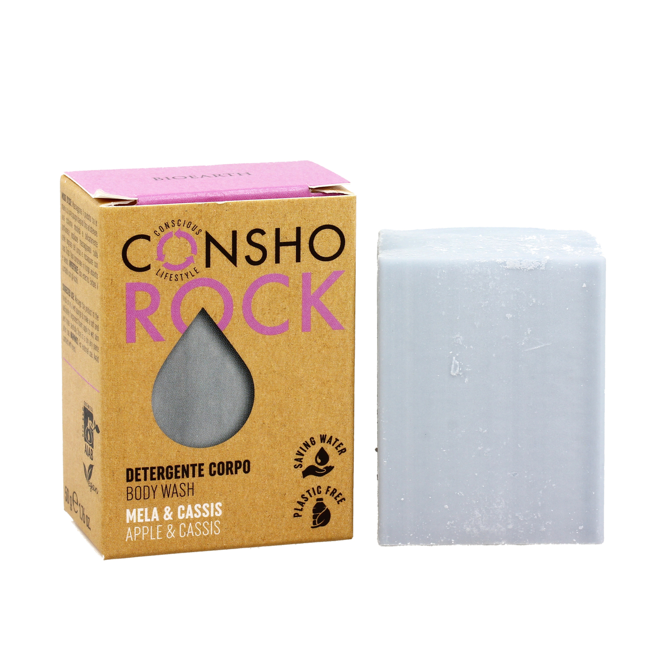 Detergente corpo solido Mela & Cassis 50g CONSHO ROCK BIOEARTH