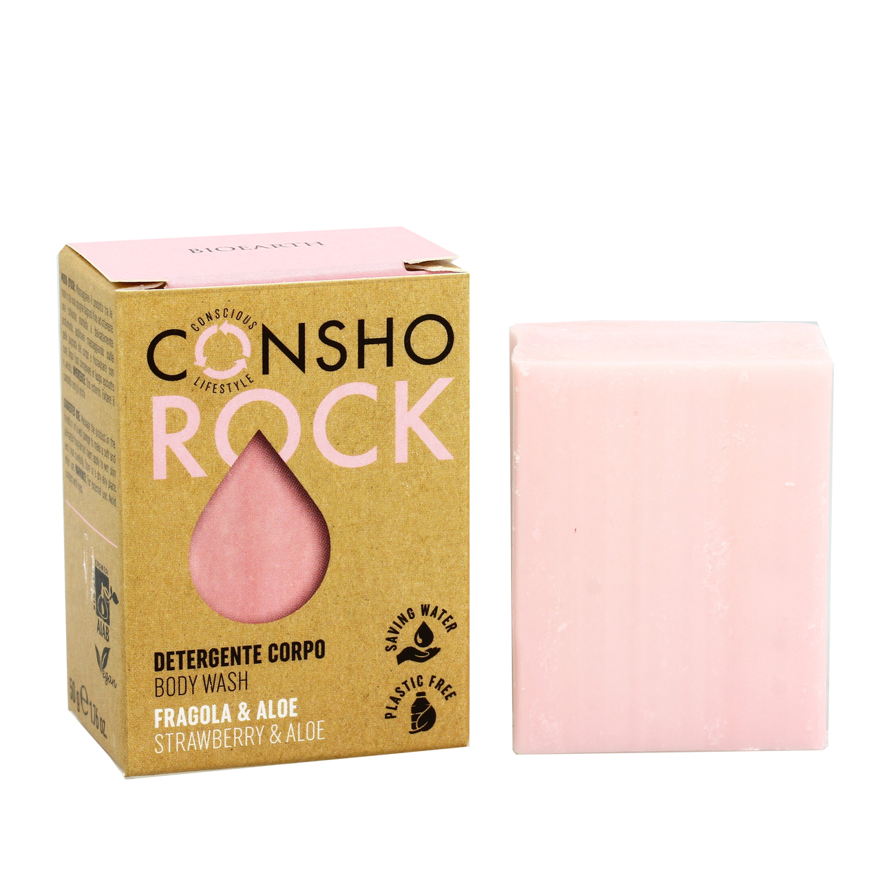 Detergente corpo solido Fragola & Aloe vera 50g CONSHO ROCK BIOEARTH